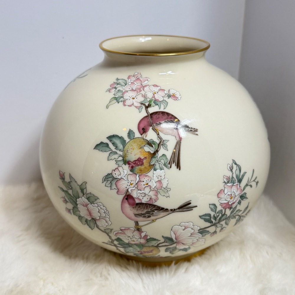 Lenox Serenade Globe Vase 24K Gold Trim Pink Flowers Bird ~ Vintage Hand Painted